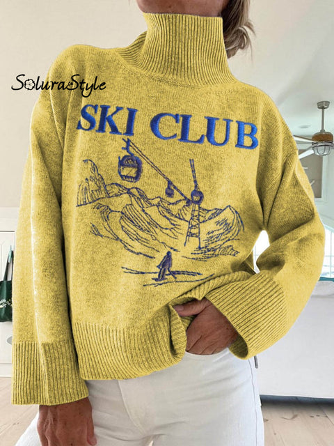 Women’s Ski Club Pattern Art Print Knit Turtleneck Pullover Sweater Yellow / S