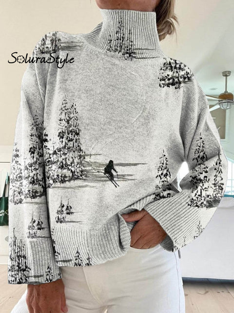 Women’s Ski Pattern Art Print Knit Turtleneck Pullover Sweater Multicolor / S