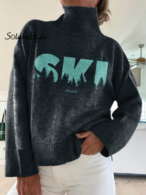 Women’s Ski Season Pattern Art Print Knit Turtleneck Pullover Sweater Black / S