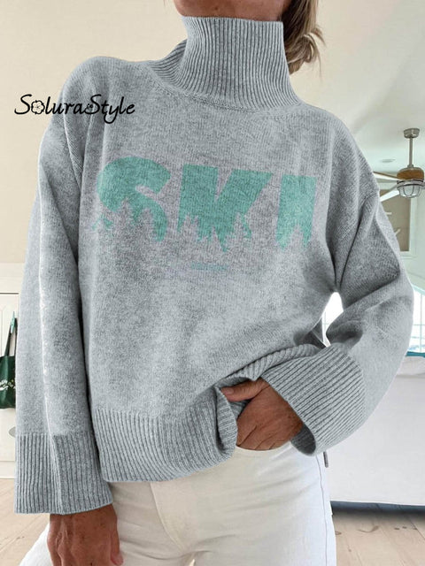 Women’s Ski Season Pattern Art Print Knit Turtleneck Pullover Sweater Grey / S