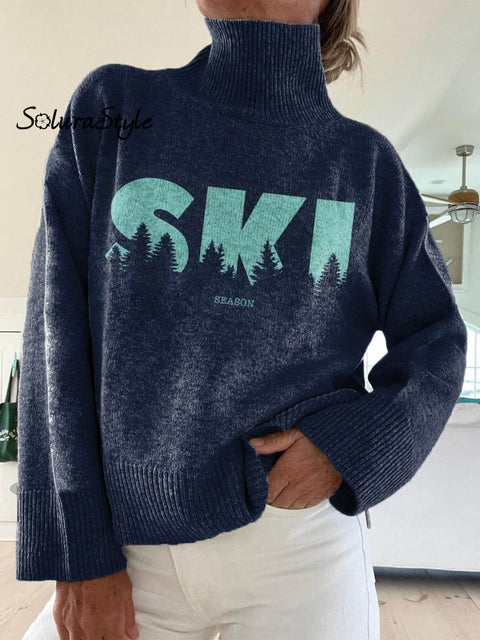 Women’s Ski Season Pattern Art Print Knit Turtleneck Pullover Sweater Navyblue / S