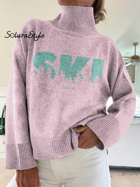 Women’s Ski Season Pattern Art Print Knit Turtleneck Pullover Sweater Pink / S