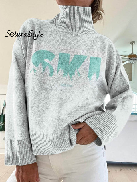 Women’s Ski Season Pattern Art Print Knit Turtleneck Pullover Sweater White / S