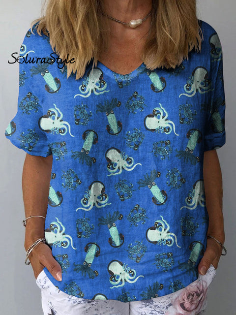 Women’s Small Octopus Seamless Pattern Art Print Casual Cotton And Linen Shirt Multicolor / S