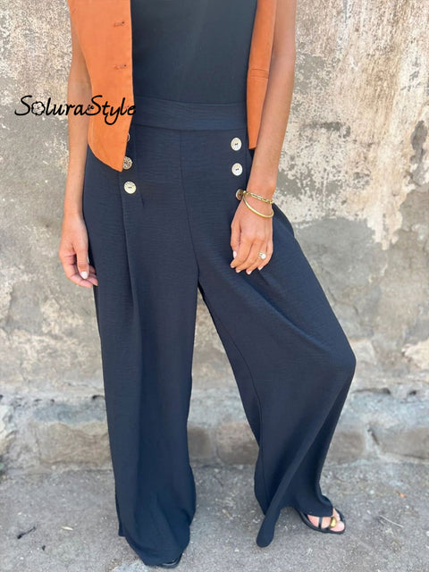 Women’s Solid Color Button Elastic Loose Casual Wide Leg Pants Black / S