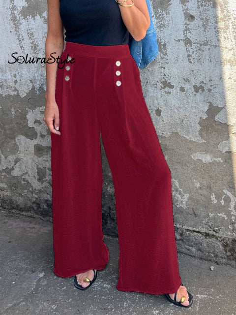 Women’s Solid Color Button Elastic Loose Casual Wide Leg Pants Claret / S