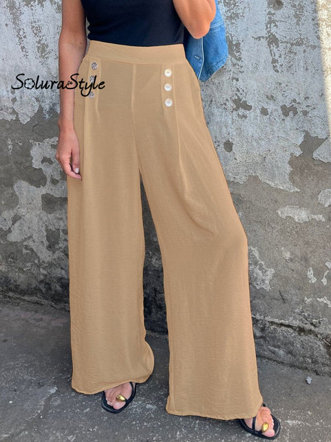 Women’s Solid Color Button Elastic Loose Casual Wide Leg Pants Khaki / S