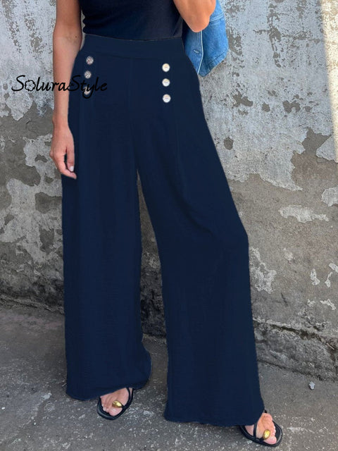 Women’s Solid Color Button Elastic Loose Casual Wide Leg Pants Navyblue / S