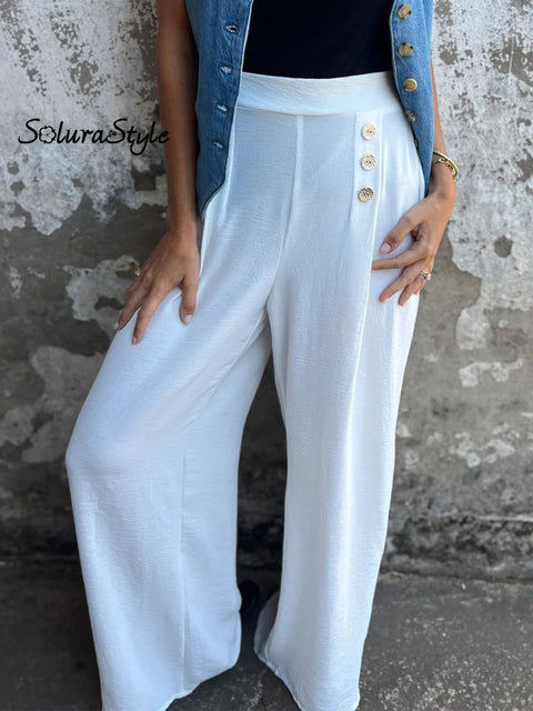 Women’s Solid Color Button Elastic Loose Casual Wide Leg Pants White / S