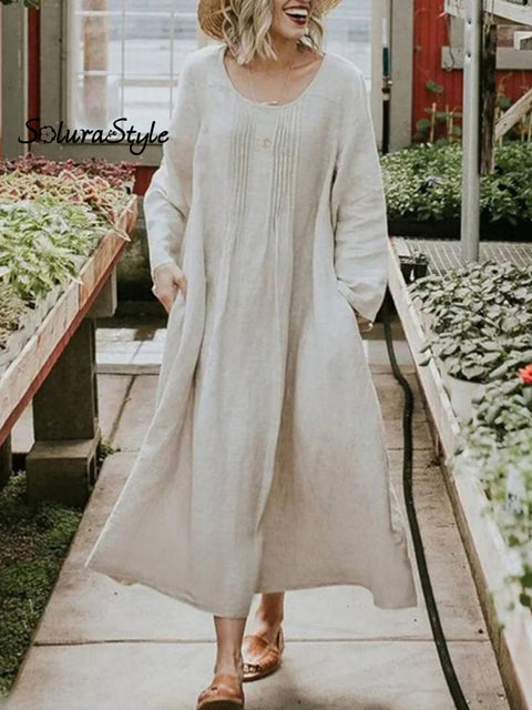 Women’s Solid Color Casual Cotton And Linen Dress Apricot / S