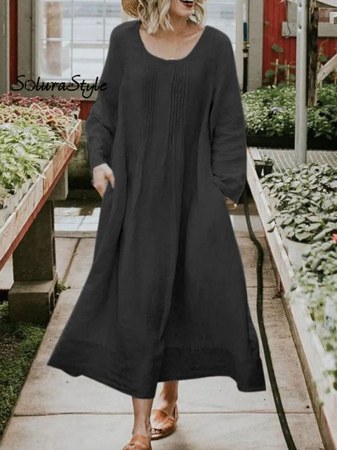 Women’s Solid Color Casual Cotton And Linen Dress Black / S