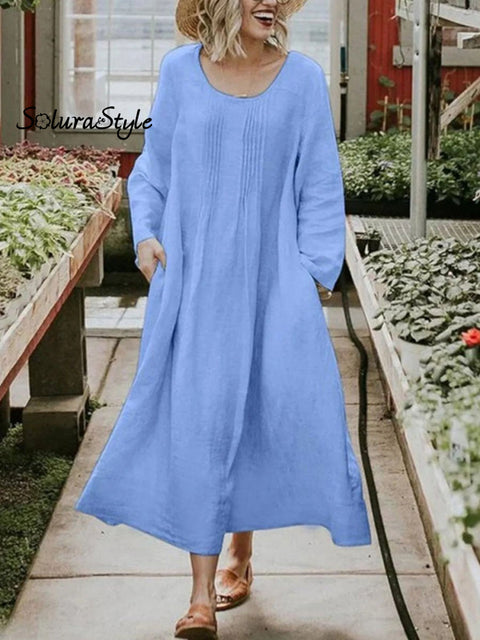 Women’s Solid Color Casual Cotton And Linen Dress Blue / S