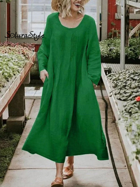 Women’s Solid Color Casual Cotton And Linen Dress Green / S