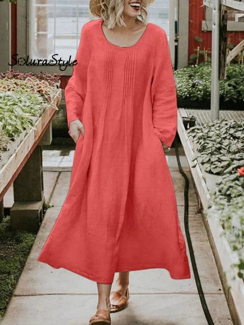 Women’s Solid Color Casual Cotton And Linen Dress Red / S