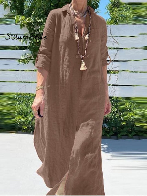 Women’s Solid Color Casual Cotton And Linen Long Dress Picture 2 / S