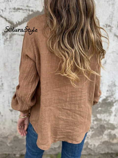 Women’s Solid Color Casual Cotton And Linen Shirt