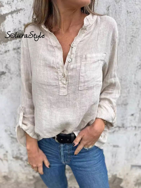 Women’s Solid Color Casual Cotton And Linen Shirt Beige / S
