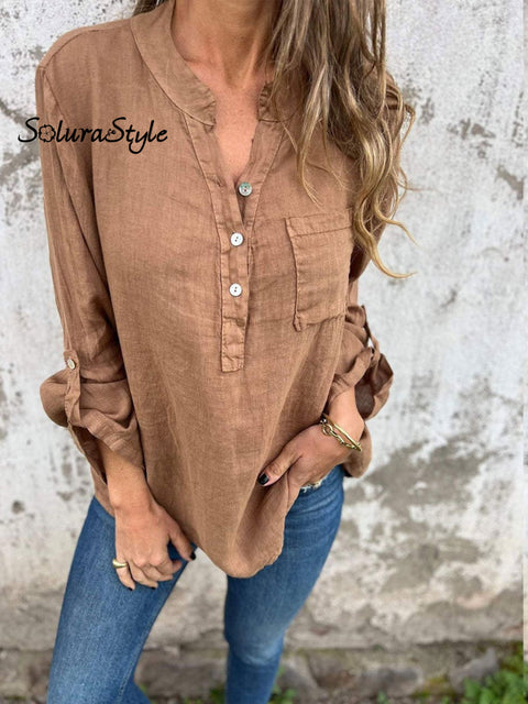 Women’s Solid Color Casual Cotton And Linen Shirt Brown / S