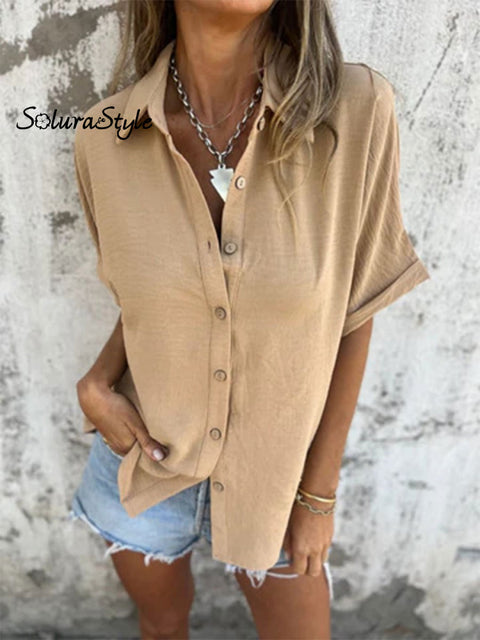 Women’s Solid Color Casual Cotton And Linen Shirt Brown / S