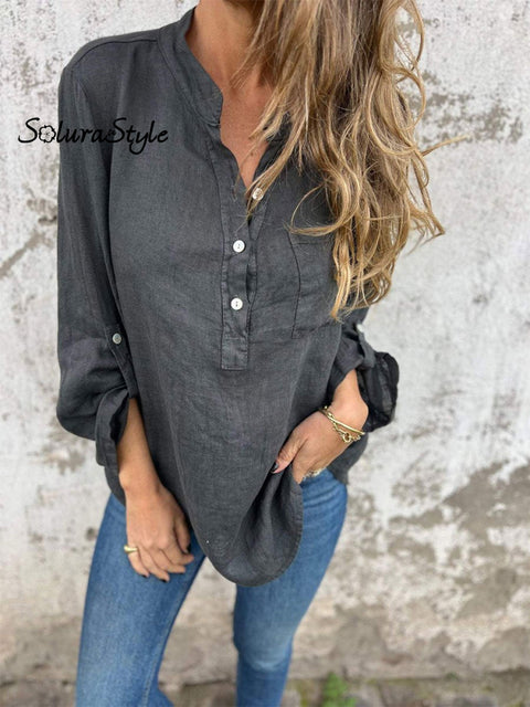 Women’s Solid Color Casual Cotton And Linen Shirt Darkgray / S