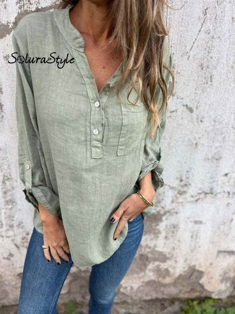 Women’s Solid Color Casual Cotton And Linen Shirt Green / S
