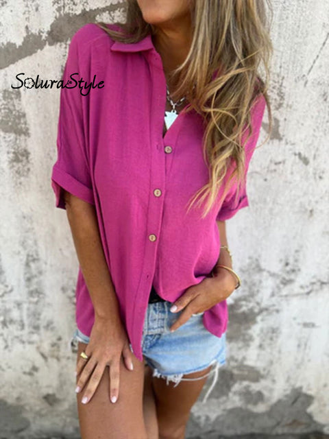 Women’s Solid Color Casual Cotton And Linen Shirt Purple / S