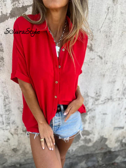 Women’s Solid Color Casual Cotton And Linen Shirt Red / S