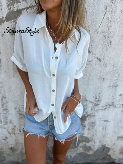 Women’s Solid Color Casual Cotton And Linen Shirt White / S