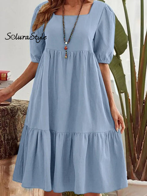 Women’s Solid Color Casual Cotton And Linen Square Collar Dress Blue / S
