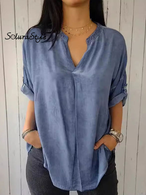 Women’s Solid Color Casual Cotton And Linen V-Neck Shirt Blue / S