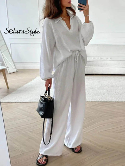 Women’s Solid Color Casual Elegant Stylish Long Sleeve Top And Pants Suit