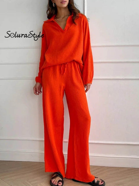 Women’s Solid Color Casual Elegant Stylish Long Sleeve Top And Pants Suit