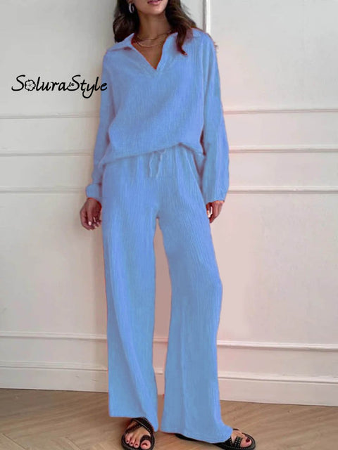 Women’s Solid Color Casual Elegant Stylish Long Sleeve Top And Pants Suit Blue / S