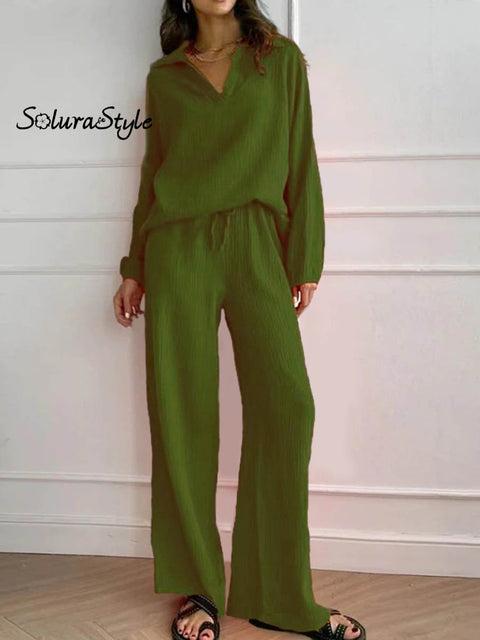 Women’s Solid Color Casual Elegant Stylish Long Sleeve Top And Pants Suit Green / S