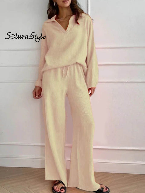 Women’s Solid Color Casual Elegant Stylish Long Sleeve Top And Pants Suit Khaki / S