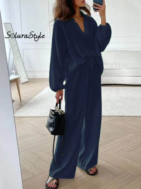 Women’s Solid Color Casual Elegant Stylish Long Sleeve Top And Pants Suit Navy / S
