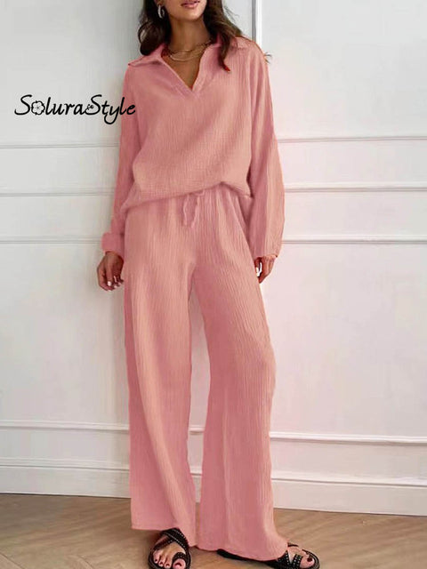 Women’s Solid Color Casual Elegant Stylish Long Sleeve Top And Pants Suit Pink / S