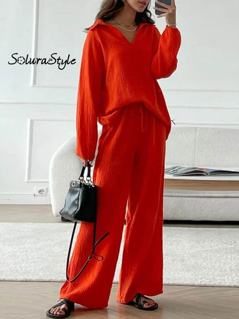Women’s Solid Color Casual Elegant Stylish Long Sleeve Top And Pants Suit Red / S