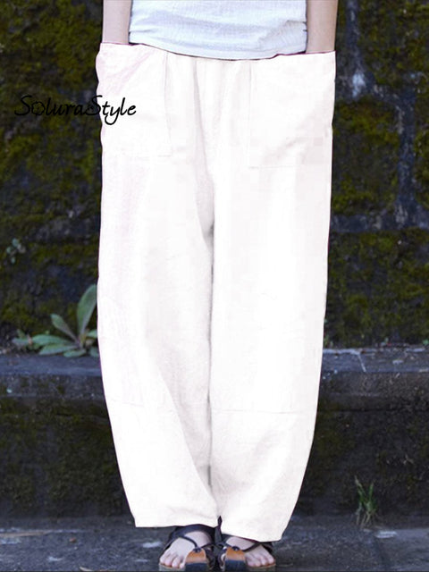 Women’s Solid Color Cotton And Linen Casual Pants White / S