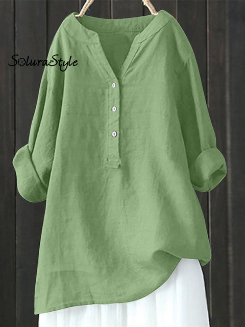 Women’s Solid Color Cotton And Linen V-Neck Button Long Sleeve Blouse Green / S