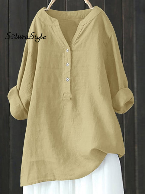 Women’s Solid Color Cotton And Linen V-Neck Button Long Sleeve Blouse Khaki / S
