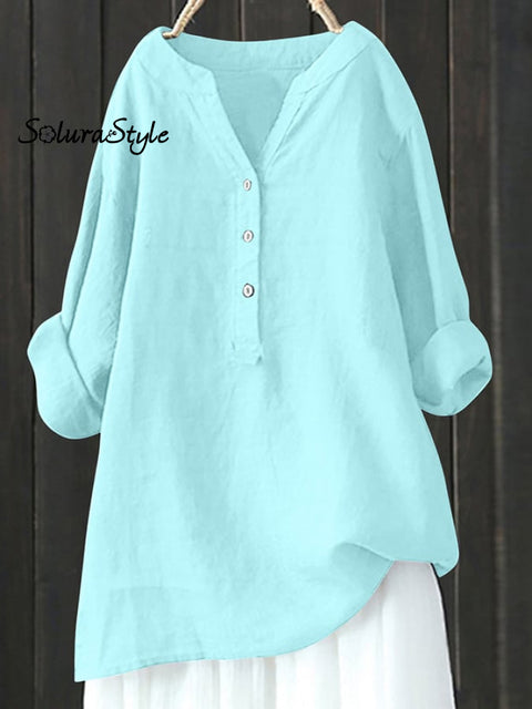 Women’s Solid Color Cotton And Linen V-Neck Button Long Sleeve Blouse Light Blue / S