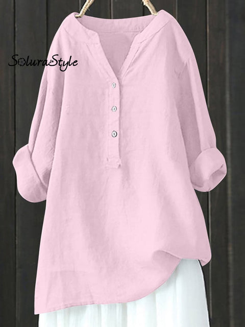 Women’s Solid Color Cotton And Linen V-Neck Button Long Sleeve Blouse Pink / S