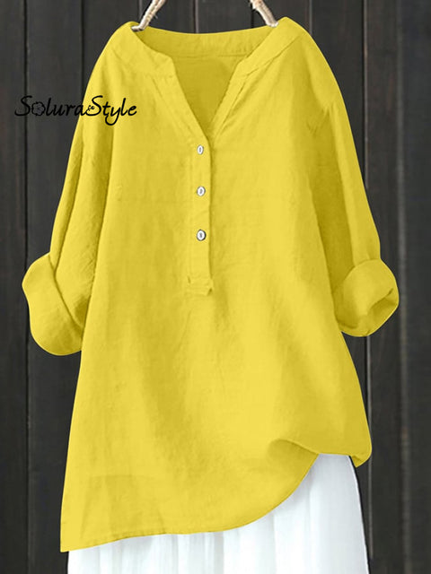 Women’s Solid Color Cotton And Linen V-Neck Button Long Sleeve Blouse Yellow / S