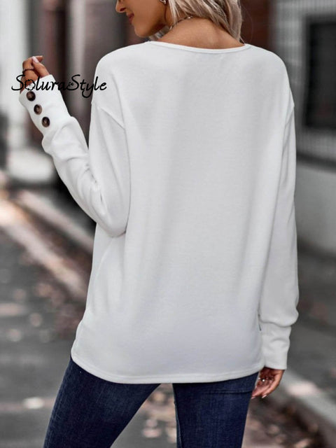 Women’s Solid Color Elegant Stylish V-Neck Loose Long-Sleeved Button-Down Top