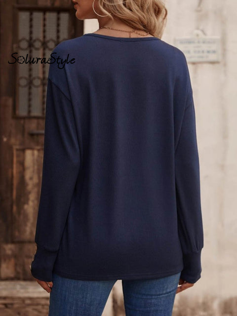 Women’s Solid Color Elegant Stylish V-Neck Loose Long-Sleeved Button-Down Top