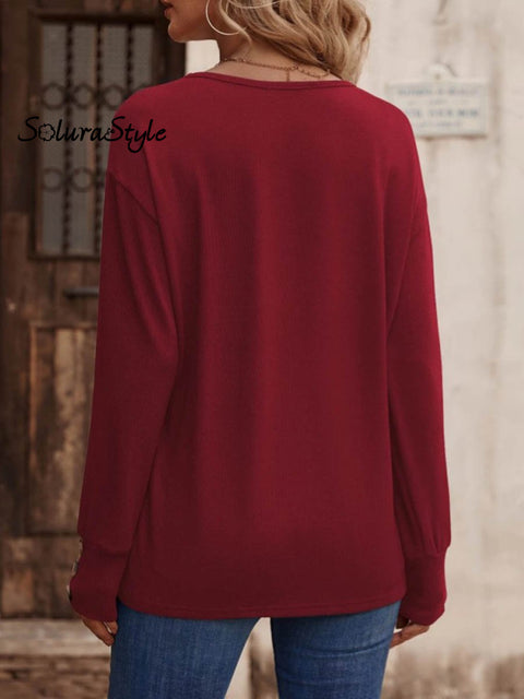 Women’s Solid Color Elegant Stylish V-Neck Loose Long-Sleeved Button-Down Top