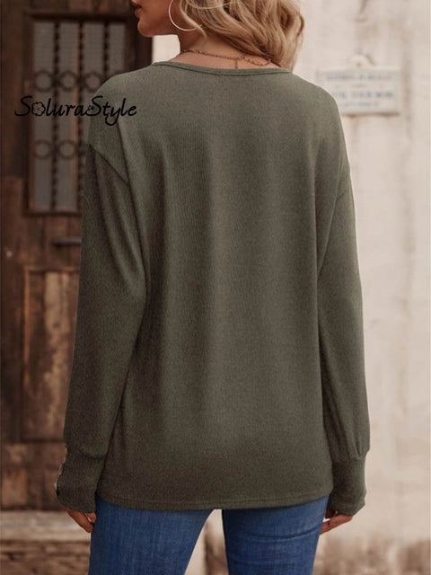Women’s Solid Color Elegant Stylish V-Neck Loose Long-Sleeved Button-Down Top