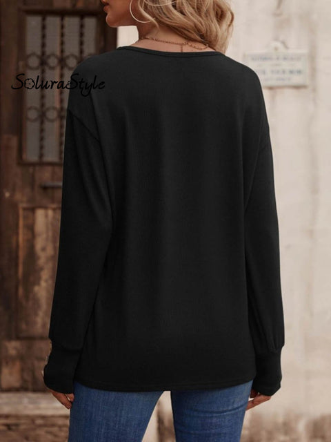 Women’s Solid Color Elegant Stylish V-Neck Loose Long-Sleeved Button-Down Top