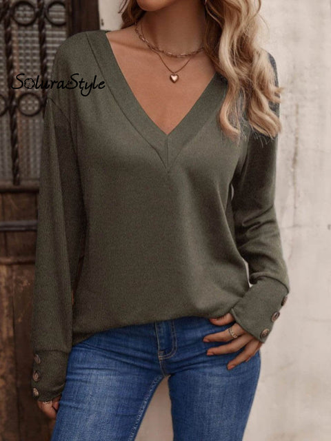 Women’s Solid Color Elegant Stylish V-Neck Loose Long-Sleeved Button-Down Top Green / S